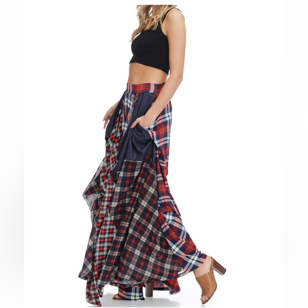 NEW TOV HOLY The
Damsel's Red Plaid
Flowing Maxi Skirt sz m